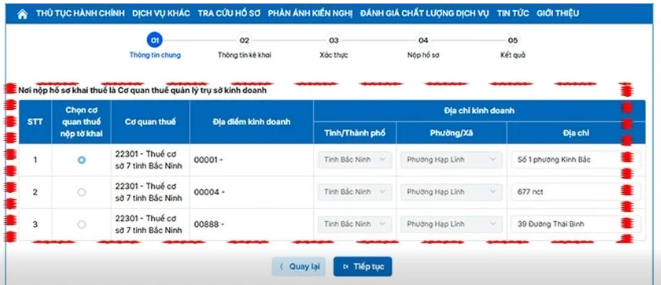 Thiết lập thông tin kỳ tính thuế Chọn đúng địa điểm kinh doanh