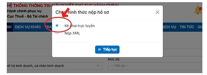 “Tiếp tục” và chọn “Kê khai trực tuyến”.