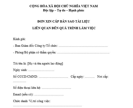  Mẫu đơn xin cấp bản sao tài liệu liên quan đến quá trình làm việc của người lao động