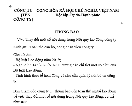  Mẫu thông báo thay đổi nội quy lao động công ty