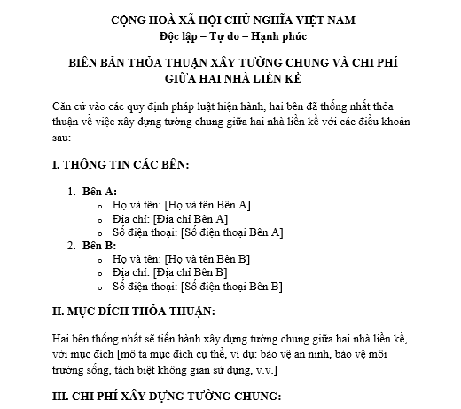 Mẫu biên bản thỏa thuận xây tường chung và chi phí giữa hai nhà liền kề nhau