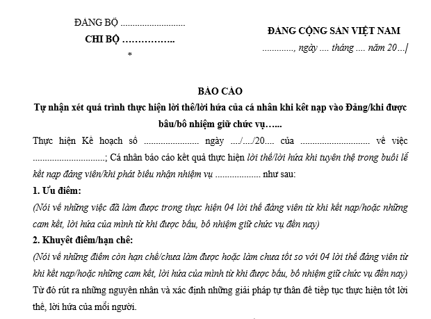 Mẫu Báo cáo giữ trọn lời thề đảng viên khi kết nạp vào Đảng, khi được bầu/bổ nhiệm giữ chức vụ