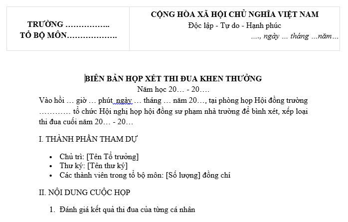 Mẫu biên bản họp xét thi đua khen thưởng cuối năm dành cho tổ bộ môn trường tiểu học, THCS, THPT