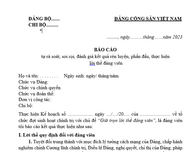 Mẫu báo cáo tự rà soát, soi rọi, đánh giá kết quả rèn luyện, phấn đấu, thực hiện lời thề đảng viên