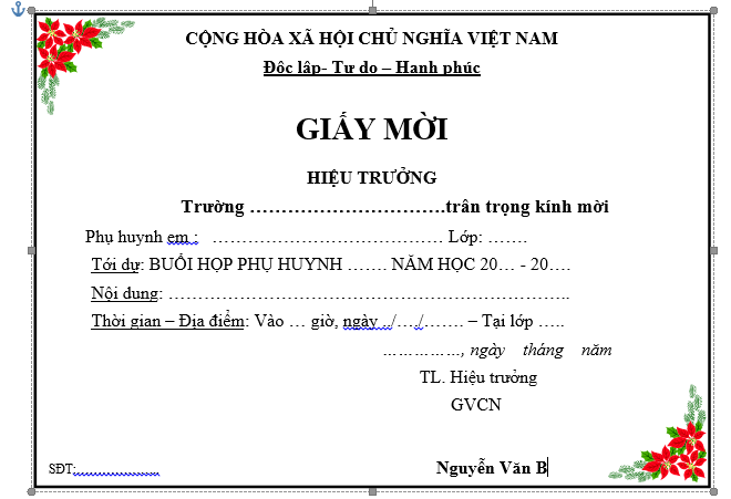 Mẫu giấy mời họp phụ huynh đầu học kỳ II cho giáo viên các cấp