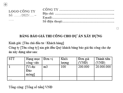 Mẫu bảng báo giá thi công cho dự án xây dựng