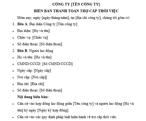 Mẫu biên bản thanh toán trợ cấp thôi việc cho người lao động