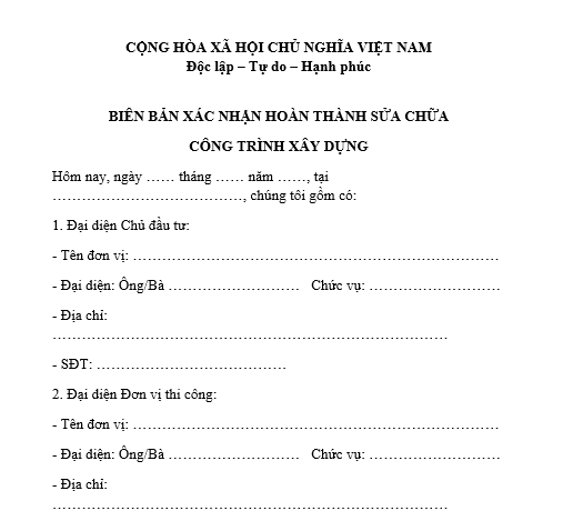 Mẫu biên bản xác nhận hoàn thành sửa chữa công trình xây dựng