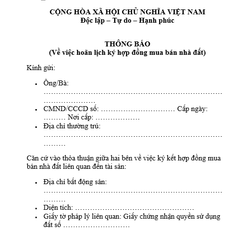 Mẫu Thông báo hoãn lịch ký hợp đồng mua bán nhà đất