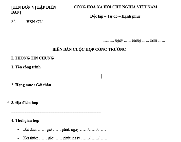 Mẫu biên bản cuộc họp công trường mới nhất 2026