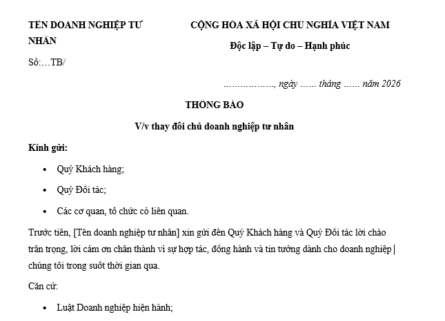 Mẫu Thông báo thay đổi chủ doanh nghiệp tư nhân 2026 gửi quý đối tác, khách hàng? Tải mẫu Thông báo thay đổi chủ doanh nghiệp?