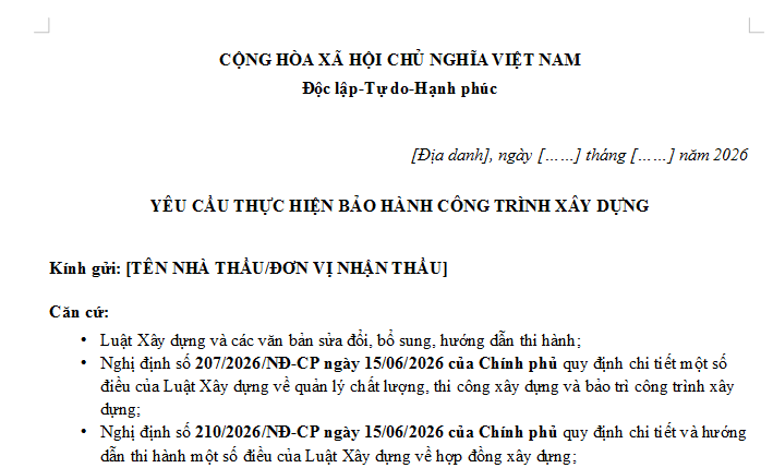 Mẫu Công văn yêu cầu bảo hành công trình xây dựng 2026