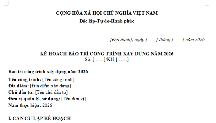 Mẫu Kế hoạch bảo trì công trình xây dựng 2026 