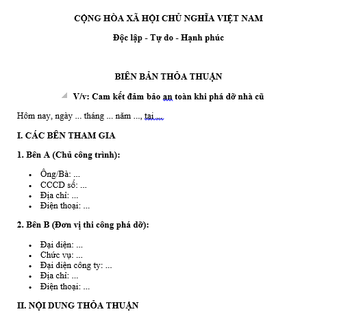 Mẫu biên bản thỏa thuận cam kết đảm bảo an toàn khi phá dỡ nhà cũ