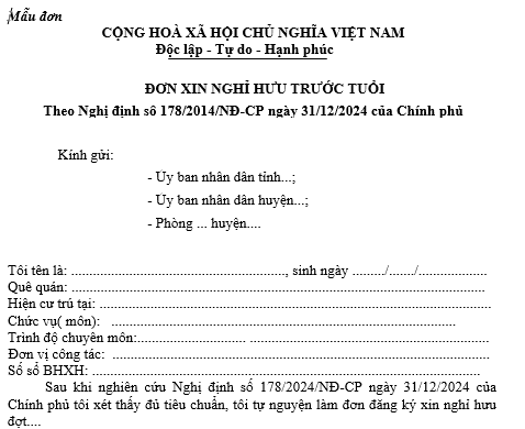 Mẫu đơn xin nghỉ hưu trước tuổi theo Nghị định 178 dành cho công nhân công an và lao động hợp đồng thuộc Công an nhân dân