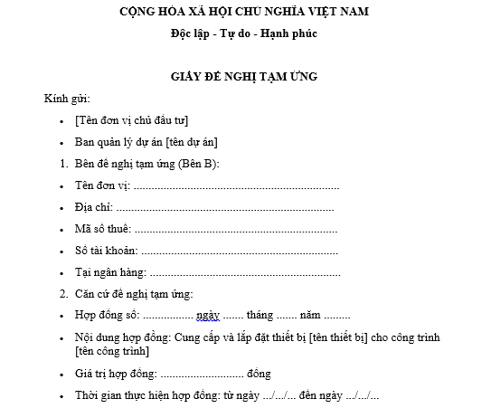  Mẫu giấy đề nghị tạm ứng theo hợp đồng cung cấp thiết bị lắp đặt vào công trình xây dựng