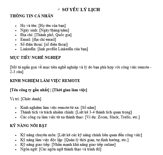 Mẫu sơ yếu lý lịch ngắn gọn xin việc làm remote
