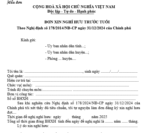 Mẫu đơn xin nghỉ hưu trước tuổi dành cho cán bộ, công chức cấp xã theo Nghị định 178