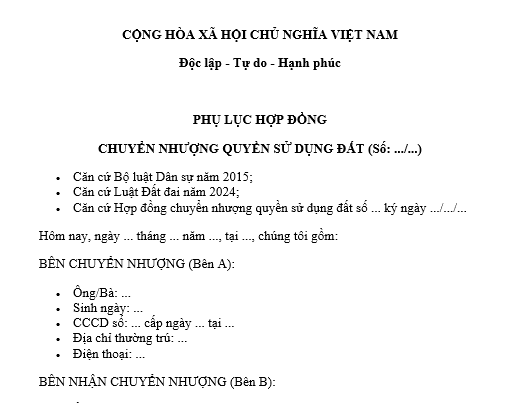 Mẫu phụ lục hợp đồng chuyển nhượng quyền sử dụng đất