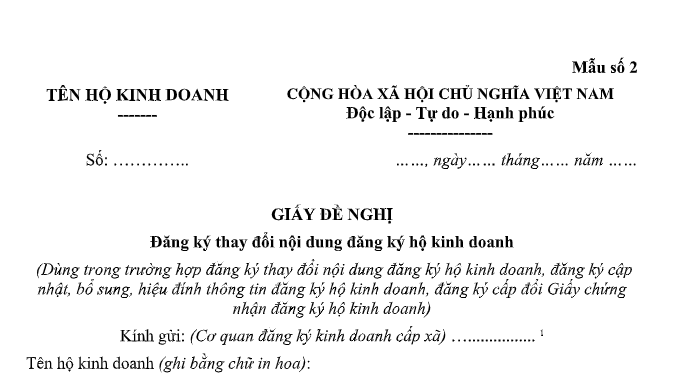Mẫu Giấy đăng ký cấp đổi Giấy chứng nhận đăng ký hộ kinh doanh 2026 có dạng như sau: