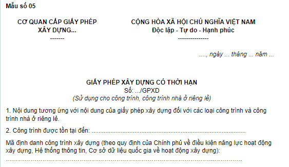 Mẫu Giấy phép xây dựng có thời hạn 2026