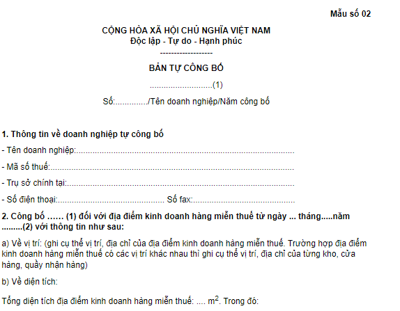 Mẫu Bản tự công bố đủ tiêu chuẩn kinh doanh hàng miễn thuế từ 01/7/2026