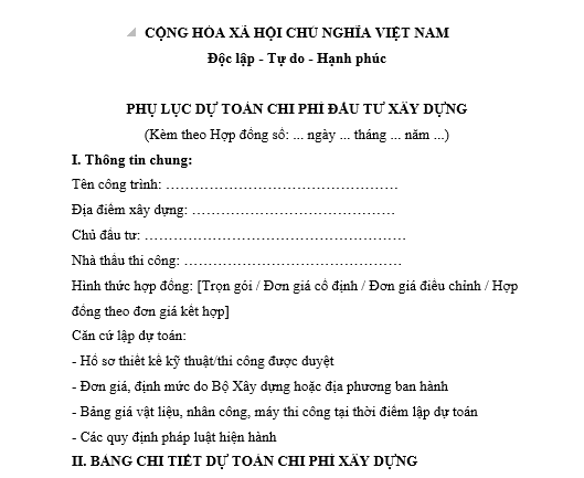 Mẫu phụ lục dự toán chi phí đầu tư xây dựng trong quá trình thi công xây dựng công trình