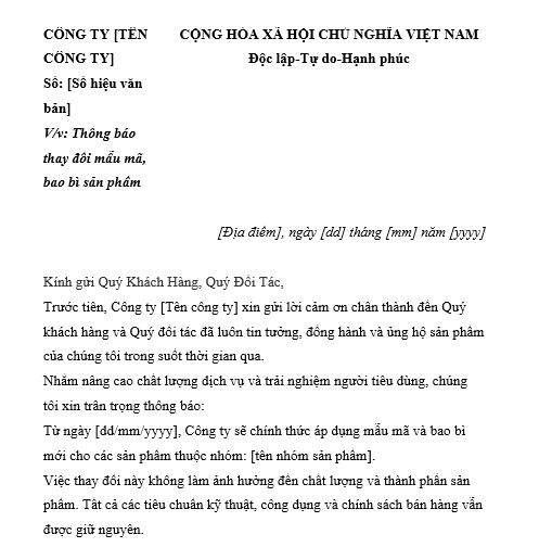 Mẫu Thông báo thay đổi mẫu mã sản phẩm, bao bì sản phẩm gửi quý khách hàng, đối tác