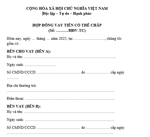 Mẫu hợp đồng vay tiền có thế chấp giữa cá nhân với cá nhân