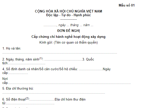 Mẫu Đơn đề nghị cấp chứng chỉ hành nghề khảo sát xây dựng