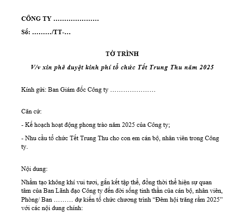  Mẫu tờ trình xin kinh phí tổ chức Trung Thu dành cho công ty
