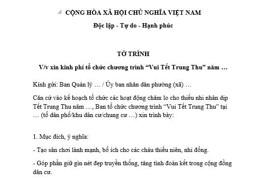 Mẫu Tờ trình xin kinh phí tổ chức vui Tết Trung thu ở khu dân cư, chung cư?