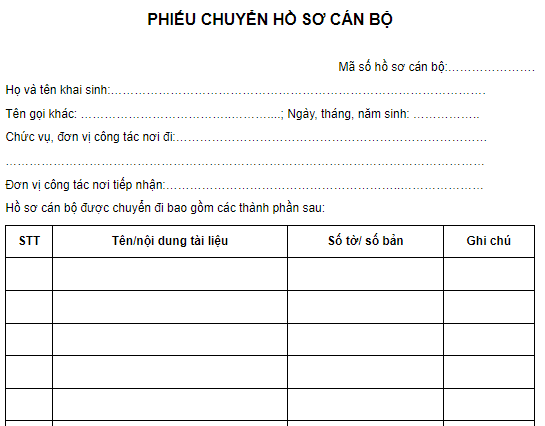 Mẫu Phiếu chuyển hồ sơ cán bộ 2026 có dạng như sau: