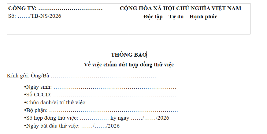 Mẫu thông báo chấm dứt hợp đồng thử việc 2026