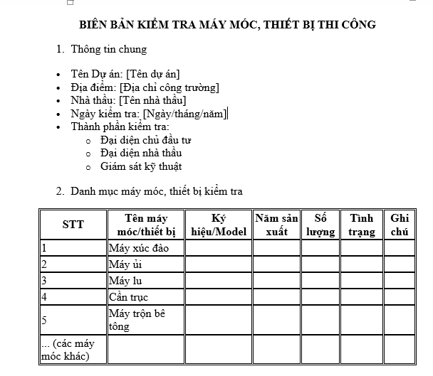 Mẫu Biên bản kiểm tra máy móc thiết bị thi công công trình xây dựng