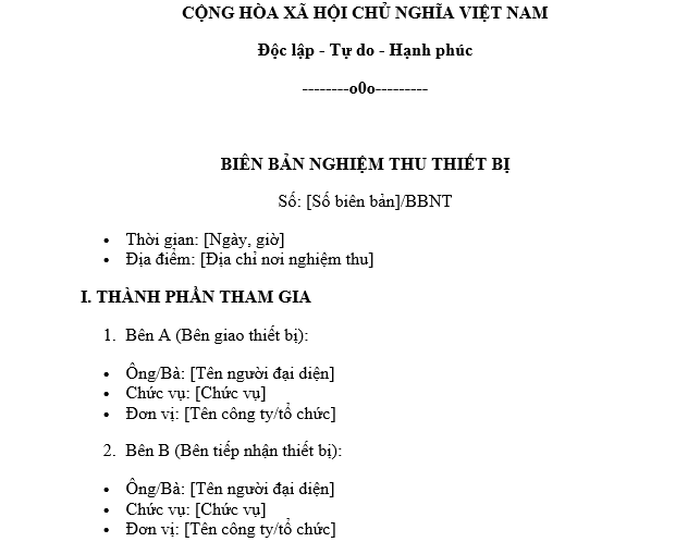 Mẫu Biên bản nghiệm thu thiết bị trước khi lắp đặt vào công trình