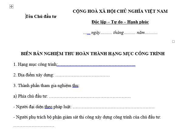 Mẫu biên bản nghiệm thu hoàn thành hạng mục công trình