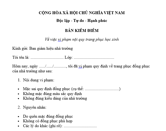 Mẫu Bản kiểm điểm học sinh cấp 2 mặc sai đồng phục đến trường