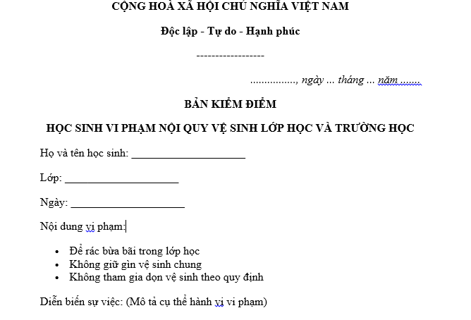 Mẫu bản kiểm điểm học sinh cấp 1 không giữ gìn vệ sinh chung lớp học, nhà trường