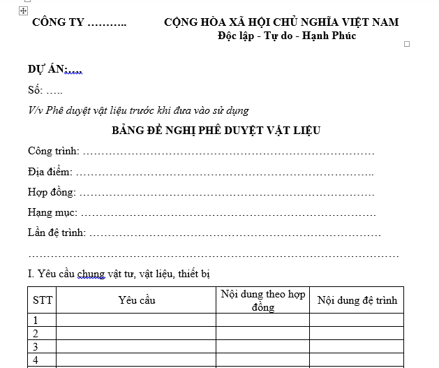 Mẫu Bảng đề nghị phê duyệt vật liệu dùng cho công trình xây dựng