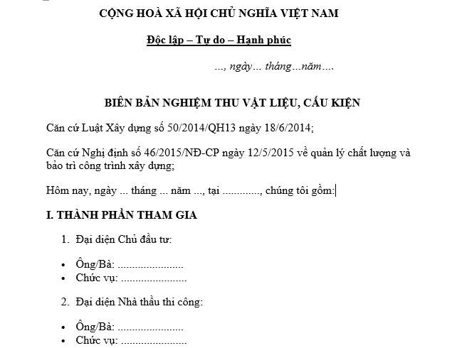 Mẫu Biên bản nghiệm thu vật liệu, cấu kiện trước khi đưa vào sử dụng cho công trình xây dựng