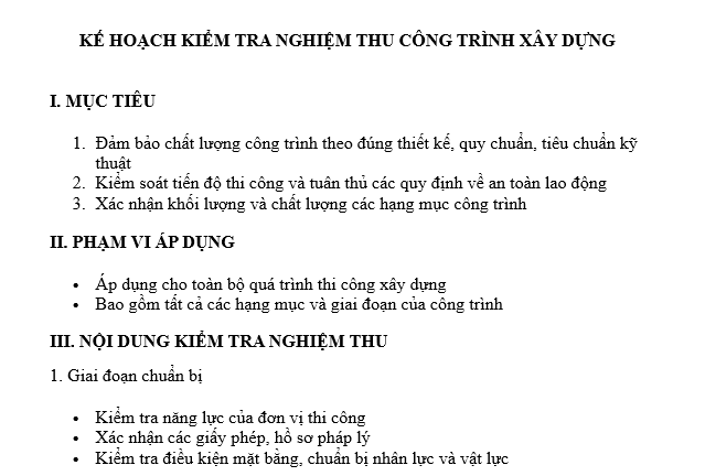 Mẫu Kế hoạch kiểm tra, nghiệm thu công việc xây dựng, nghiệm thu giai đoạn thi công xây dựng, nghiệm thu hoàn thành hạng mục công trình