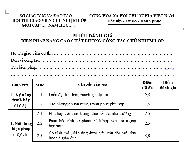 Phiếu đánh giá biện pháp nâng cao chất lượng công tác chủ nhiệm lớp trong Hội thi giáo viên chủ nhiệm giỏi
