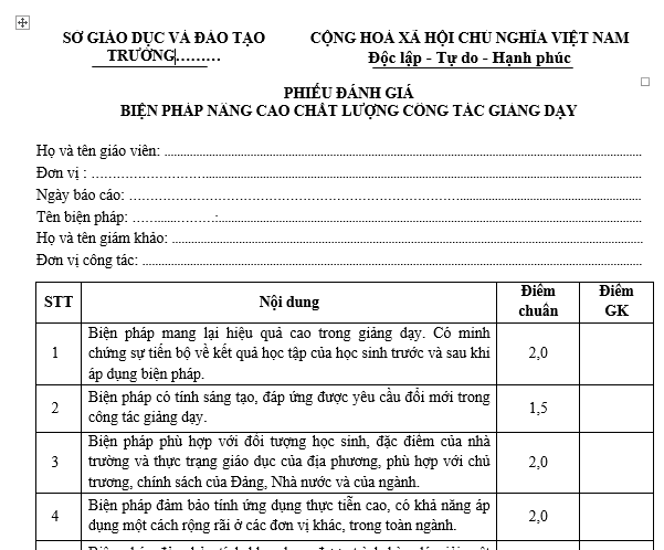 Mẫu Phiếu đánh giá biện pháp nâng cao chất lượng giảng dạy hội thi giáo viên dạy giỏi cấp trường