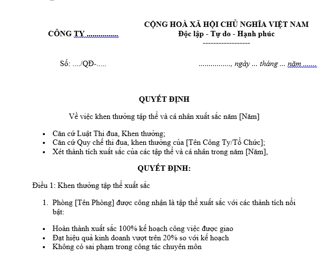  Mẫu quyết định khen thưởng tập thể phòng ban xuất sắc, nhân viên xuất sắc cuối năm