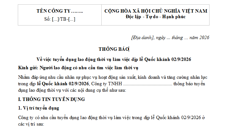 Mẫu Thông báo tuyển dụng lao động thời vụ làm lễ Quốc khánh 2/9/2026