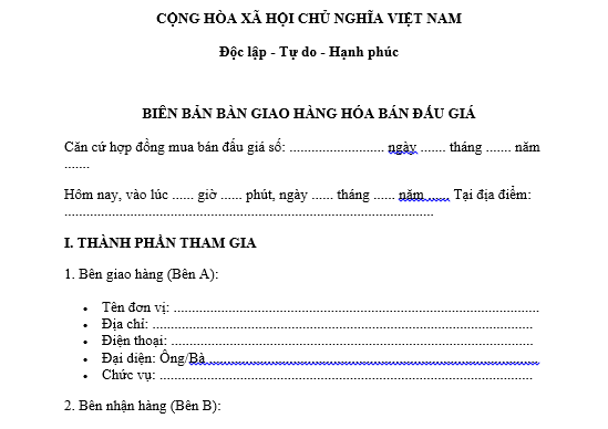 Mẫu biên bản bàn giao hàng hóa bán đấu giá trong thương mại