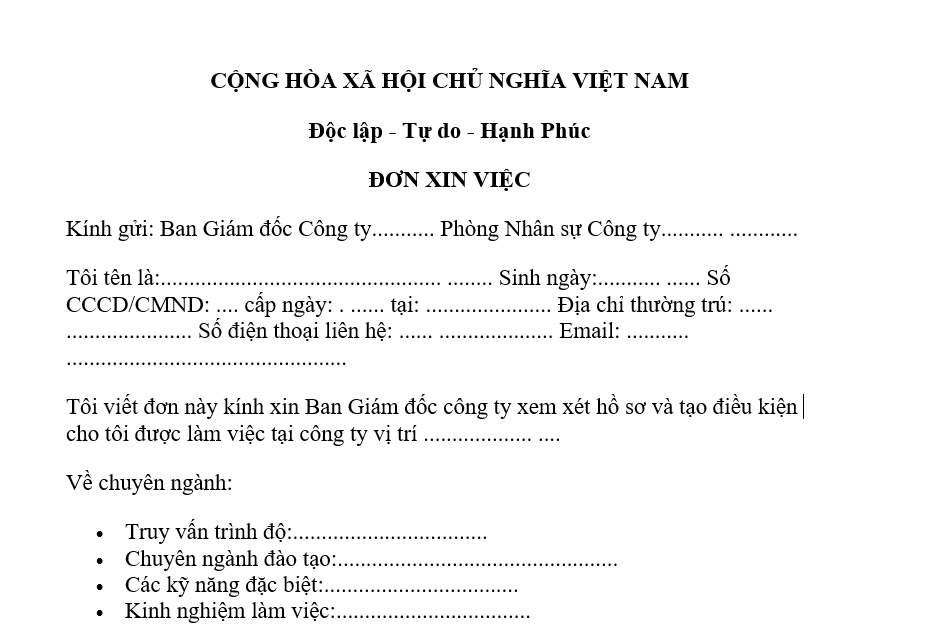 Mẫu đơn xin việc sau nghỉ Tết Nguyên đán Ất Tỵ dành cho người lao động