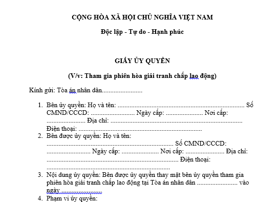 Mẫu Giấy ủy quyền tham gia phiên hòa giải tranh chấp lao động tại Tòa án