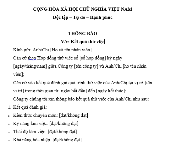  Mẫu thông báo kết quả thử việc